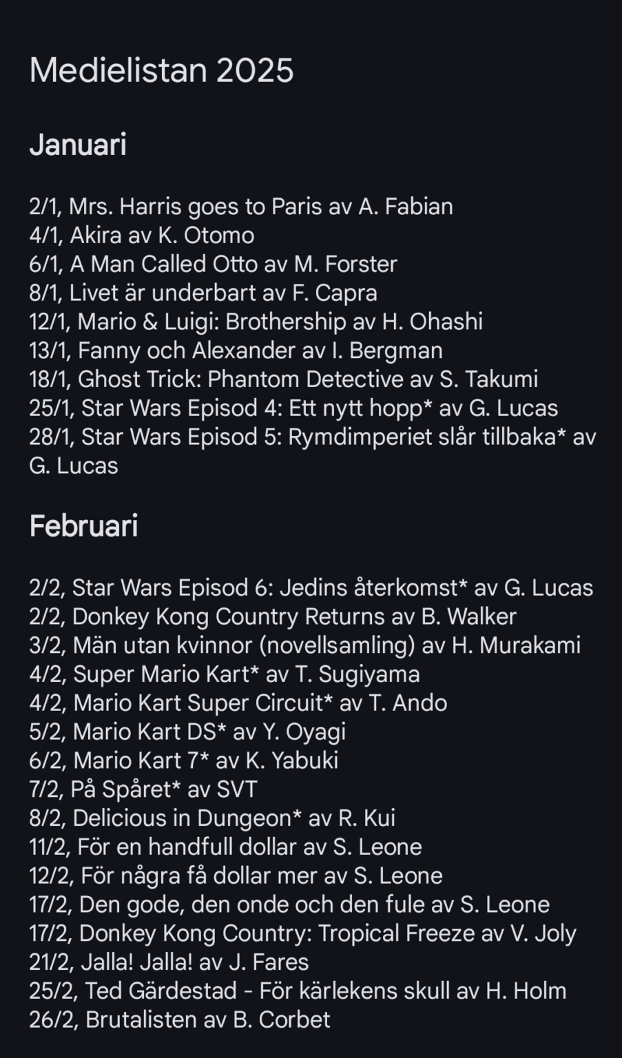 Happy New Year Sweddit! My New Year's resolution for 2025 was to see more films, and write them all down on a list. Here you have all the films, series, games and books I have read during the year!