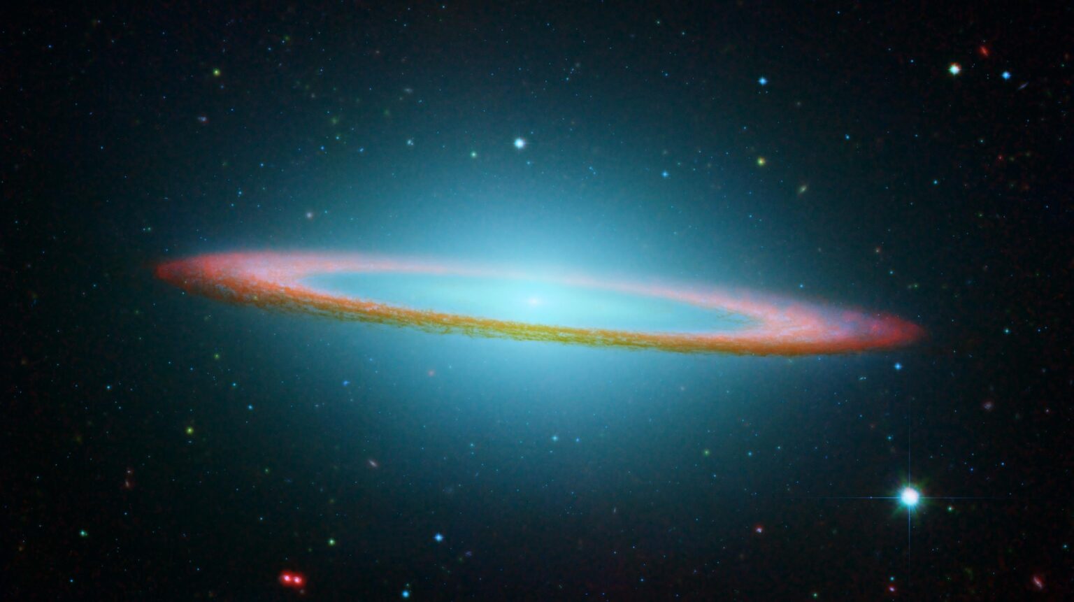 Spitzer infrared and Hubble visible light composite image of the Sombrero Galaxy