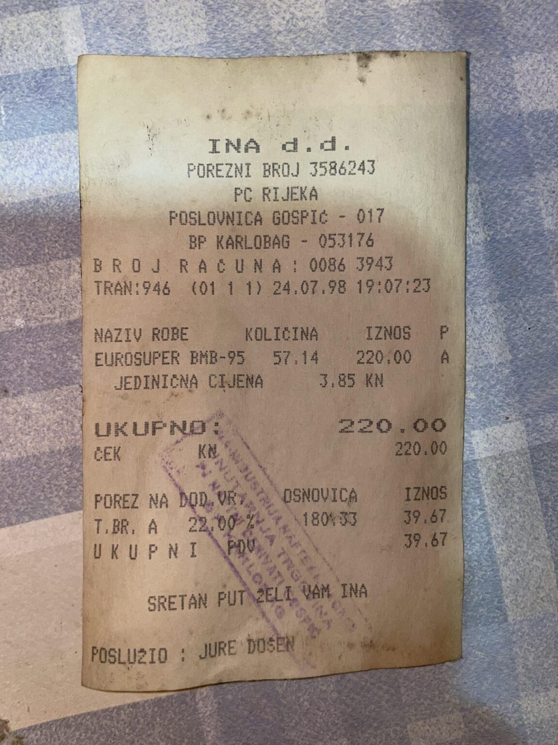 Invoice from INA from 1998
