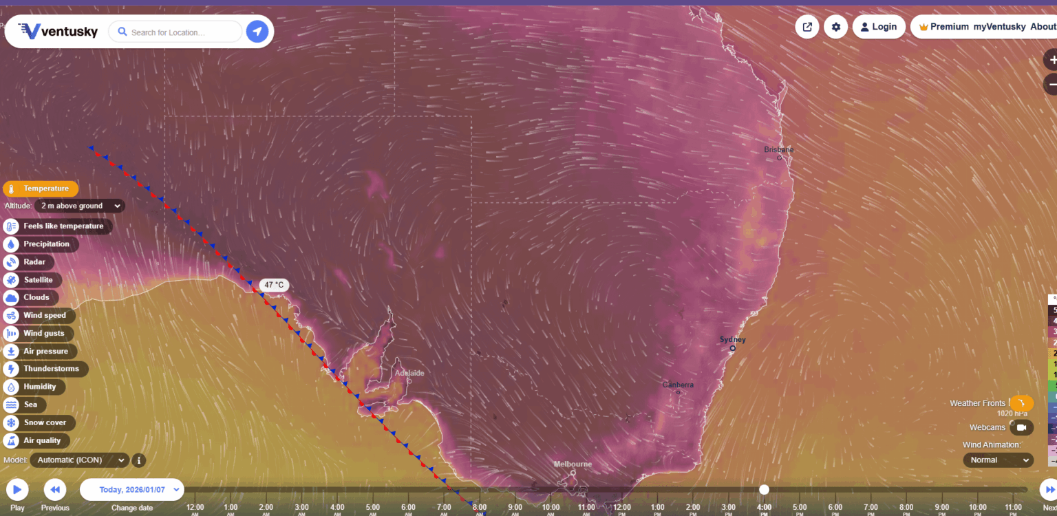 Current temp 47°C around Ceduna in South Aussie!