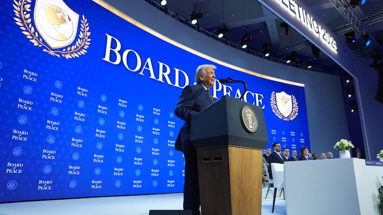 President Donald Trump speaks during a Board of Peace charter announcement during the Annual Meeting of the World Economic Forum in Davos, Switzerland, Thursday, January 22, 2026.