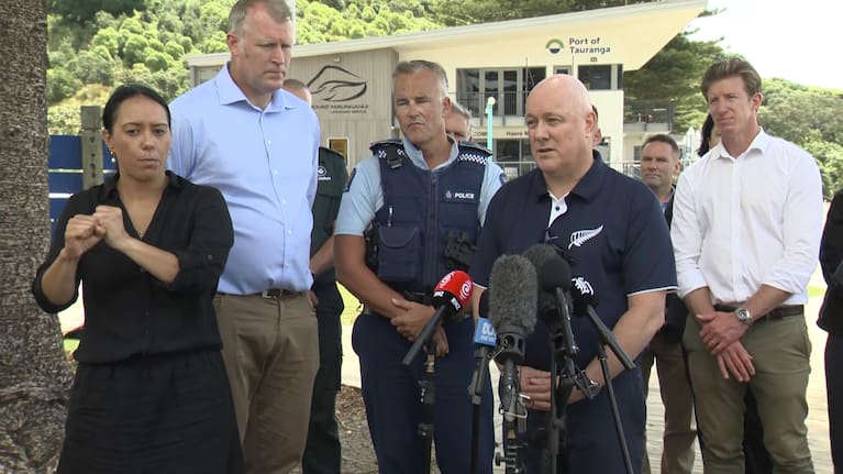 Prime Minister Christopher Luxon speaks at a media standup in Mount Maunganui.