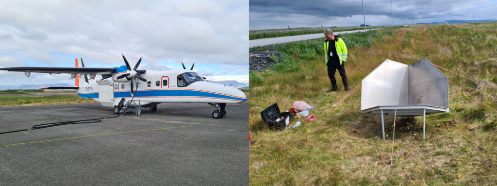 Pair of photos showing a medium-sized twin-propeller aircraft sitting on an airport tarmac with a fuel line attached (left), and a trihedral radar reflector secured to the ground by several tie lines in a grassy area beside a roadway.