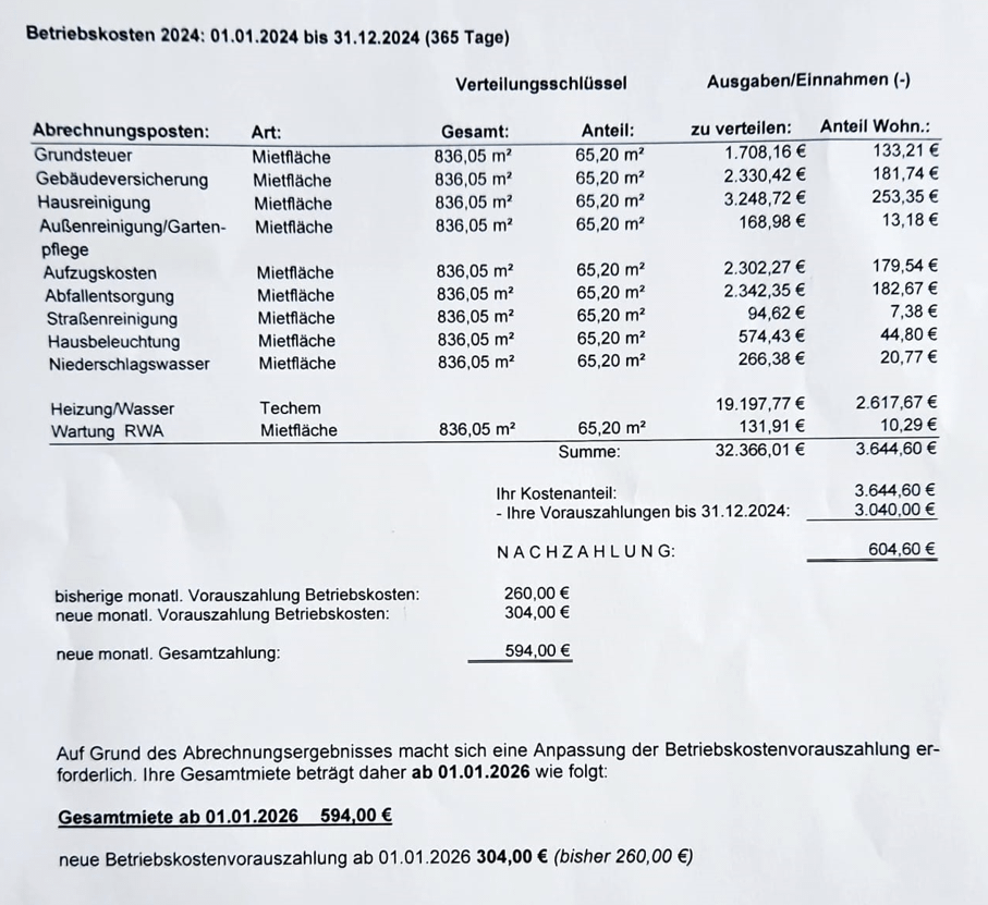 How realistic (or unrealistic) is this invoice for 2024? What I wonder is that for 2023, I also paid the exact same amount of Nachzahlung - 604.6€ (I noticed it in my bank statement), but unfortunately, I can't find the letter.