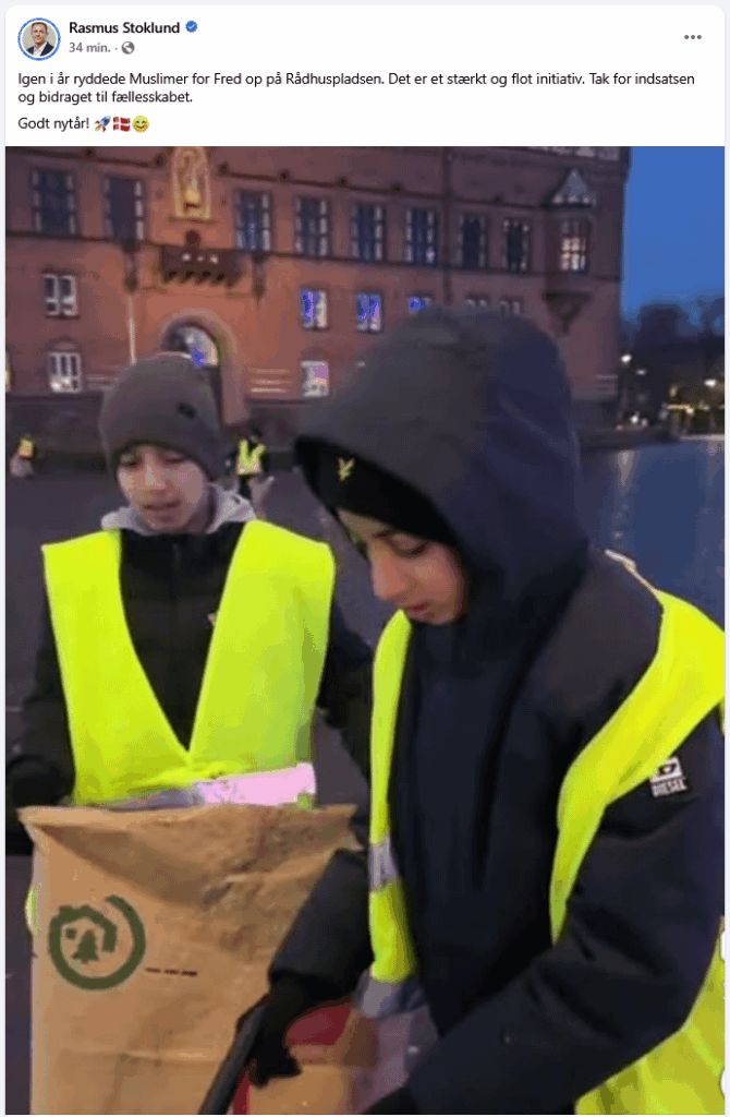 Rasmus Stoklund: Again this year, Muslims for Peace cleaned up the Town Hall Square. It is a strong and beautiful initiative. Thank you for your efforts and contribution to the community. Happy New Year! 🚀🇩🇰😊
