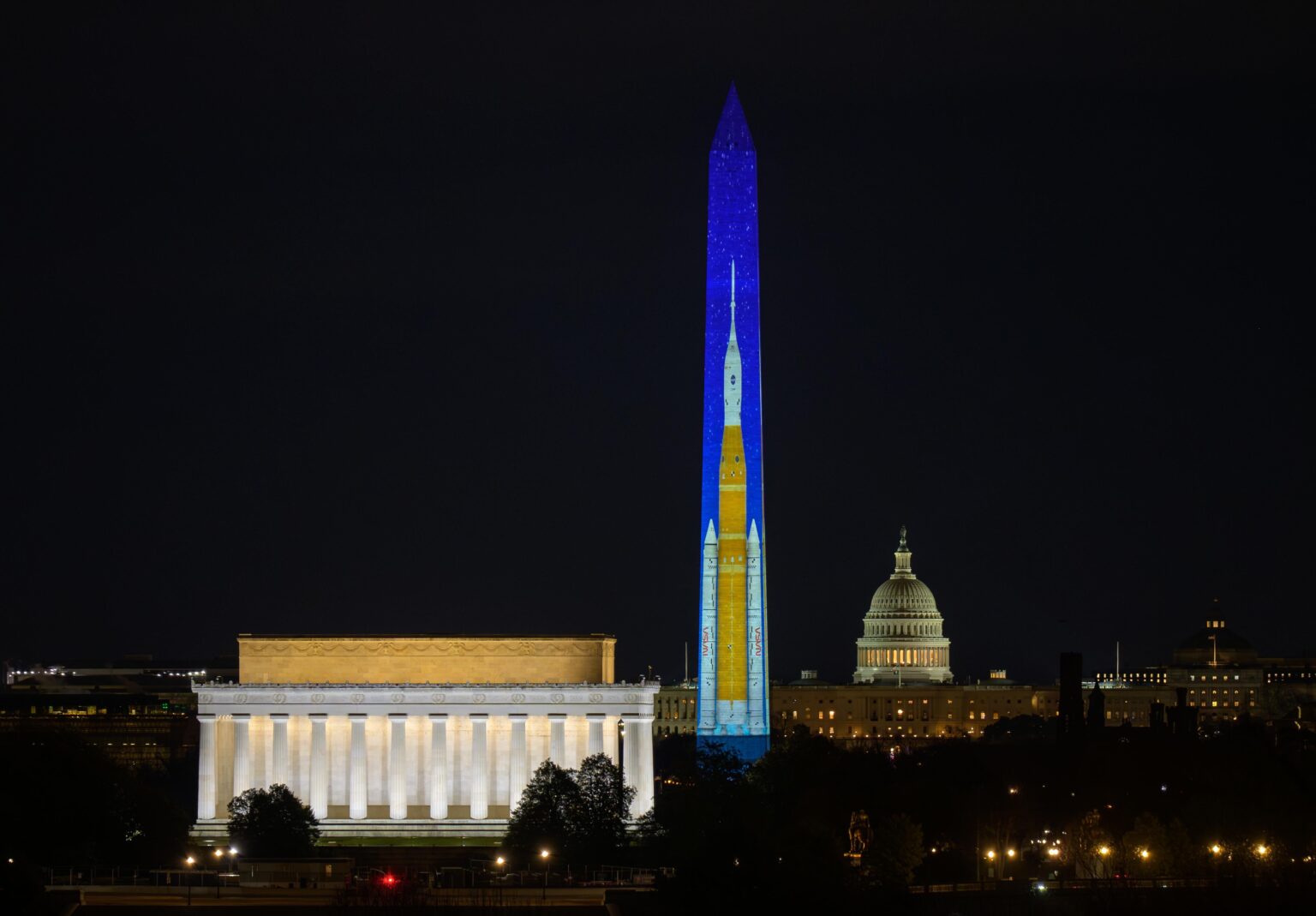 NASA’s Space Launch System (SLS) rocket projected onto the Washington Monument.