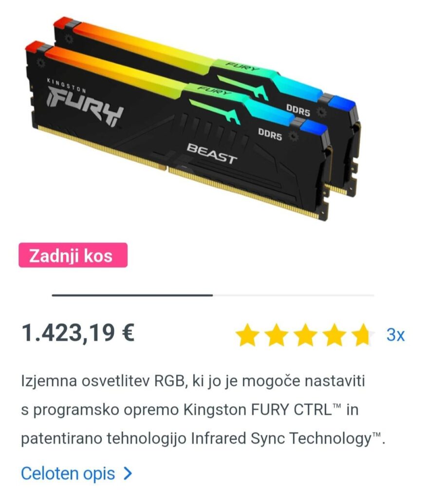 The increase in the price of memory (Ram) in one year.