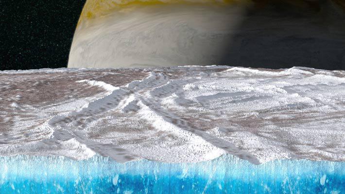 Europa’s ice shell is much thicker than previously thought, it may stretch nearly 18 miles deep, reshaping the understanding of how its ocean might exchange life-giving chemicals with the surface