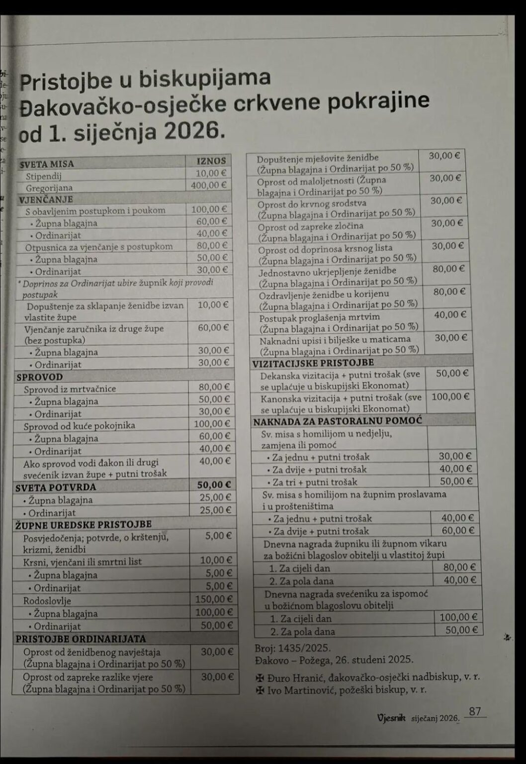 Forgiveness of sins depends on your budget - Fees in the dioceses of the Đakovo-Osijek ecclesiastical province from January 1, 2026.