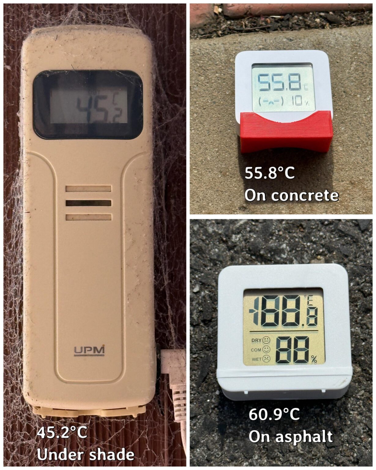 4 pm temperatures under the shade, on concrete and on asphalt.