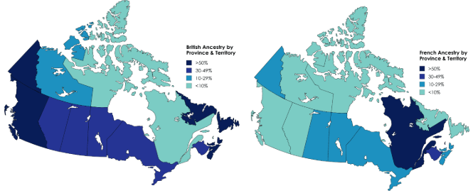 British and French Ancestry in Canada by Province and Territory (%) [OC]