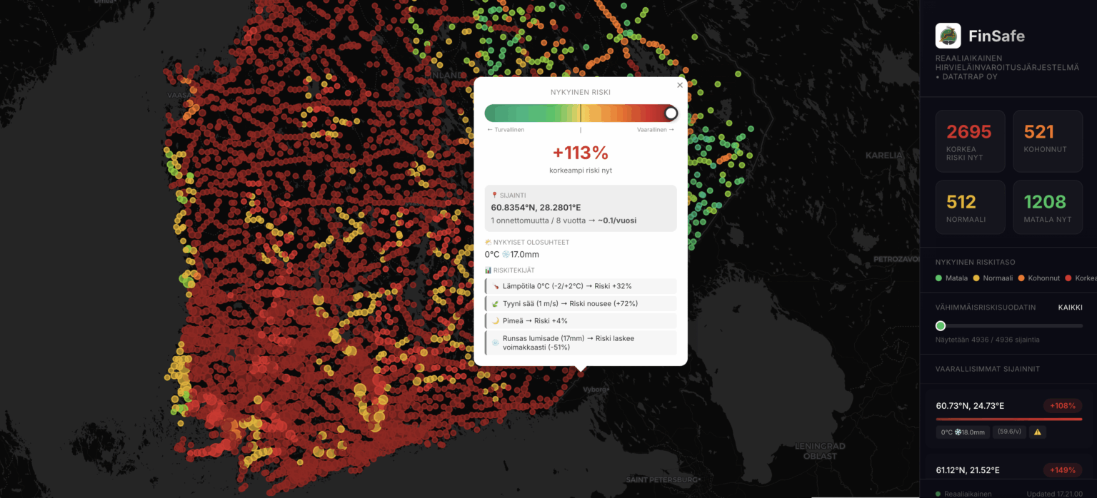 Finland’s first real-time wildlife collision risk map — updated every 10 minutes Finland’s first real-time wildlife collision risk map — updated every 10 minutes