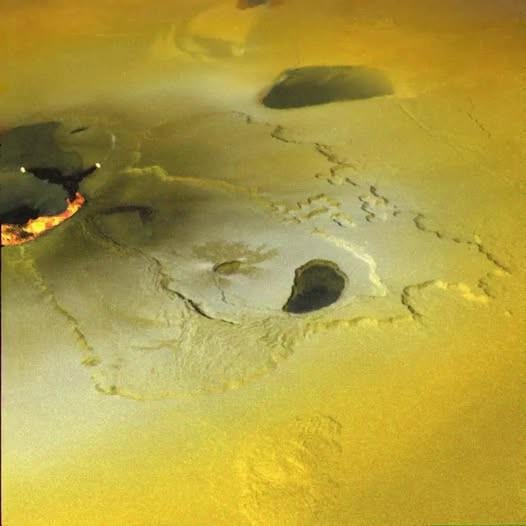 An active volcanic eruption on Jupiter’s moon 'Io' was captured in this false color image taken on Feb. 22, 2000, by NASA’s Galileo spacecraft.
