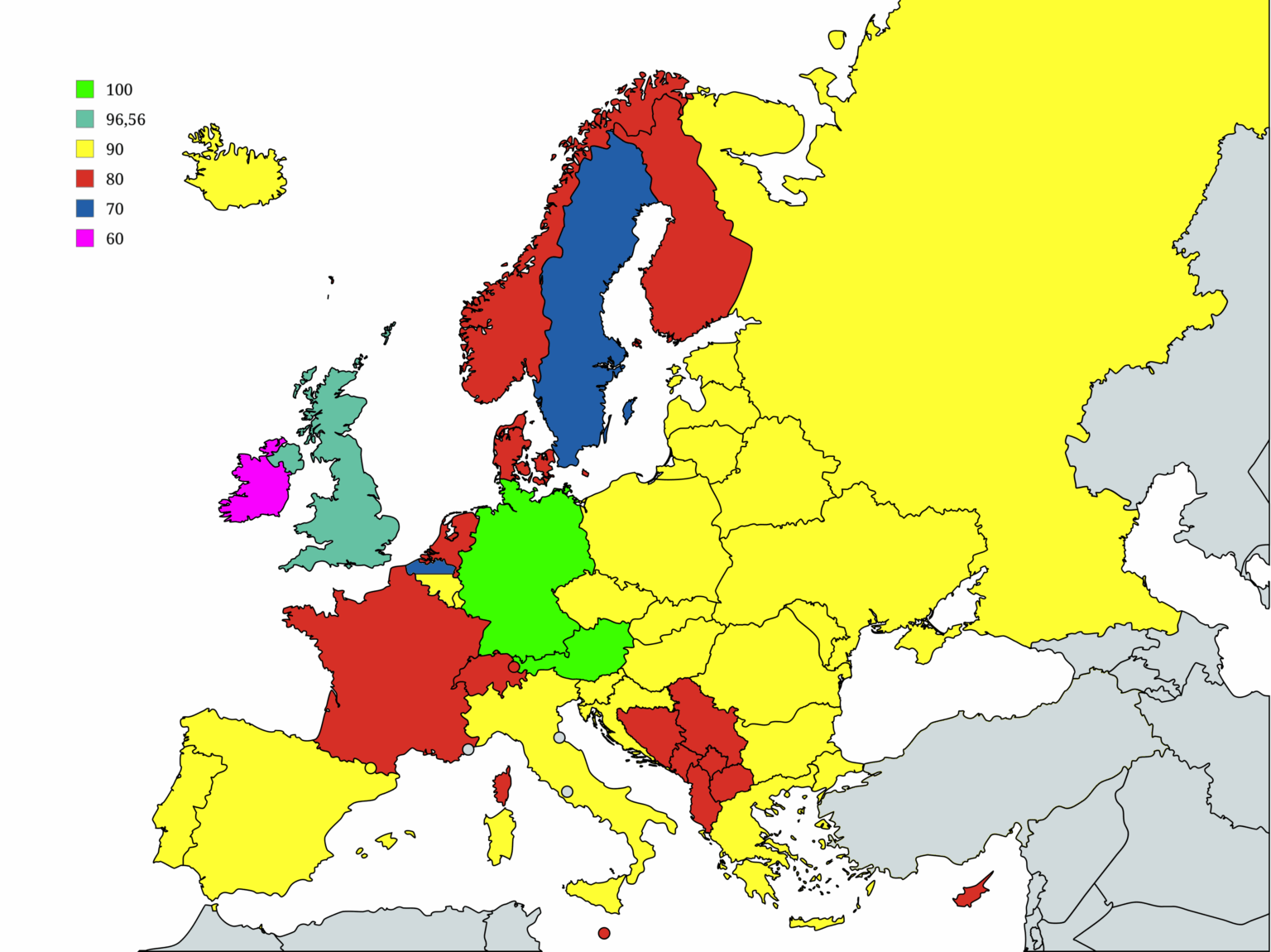 National speed limits on single-lane rural roads of european countries in km/h