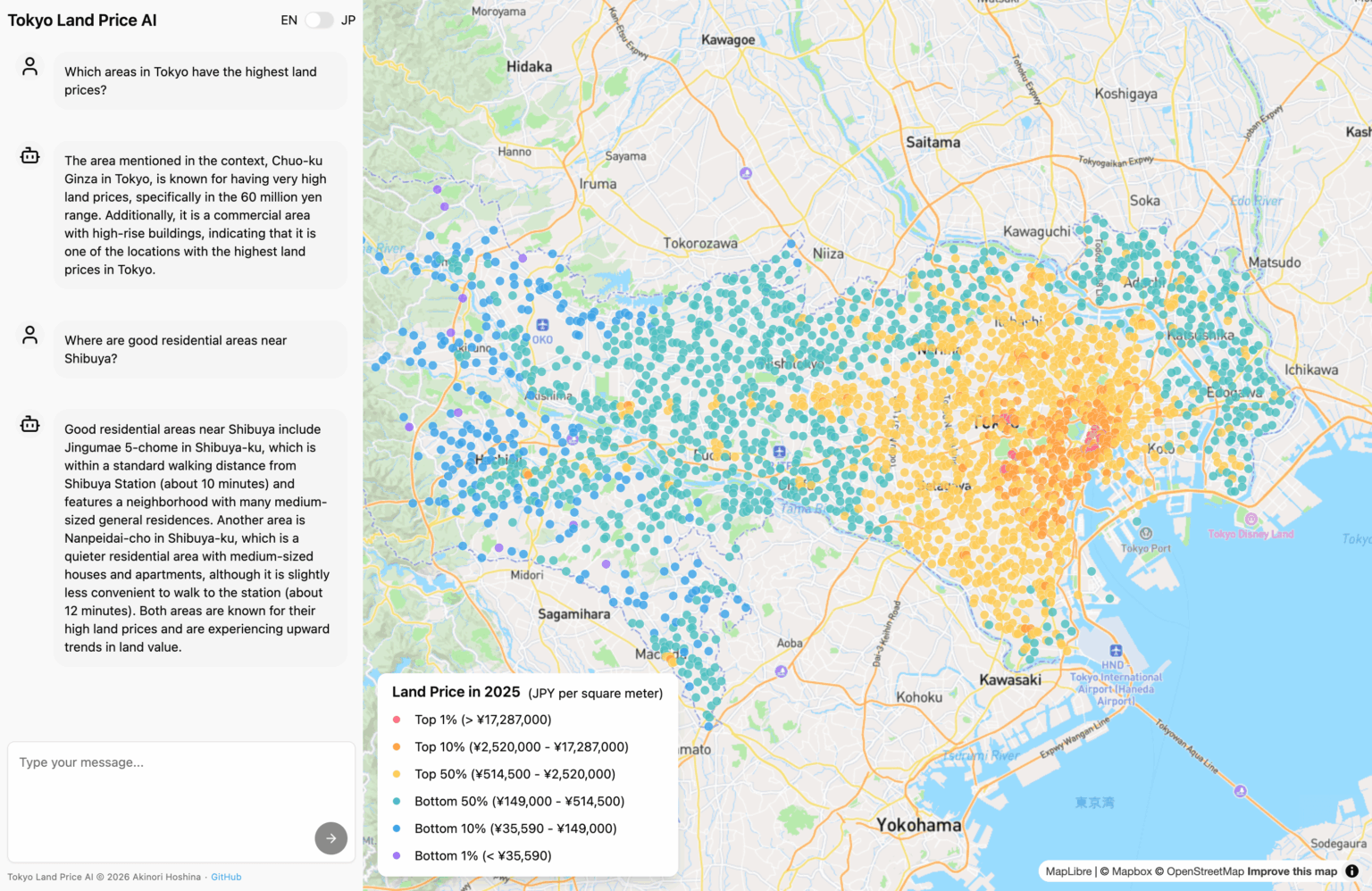 [OC] Built an open-source chatbot to explore land price data in Tokyo with interactive map