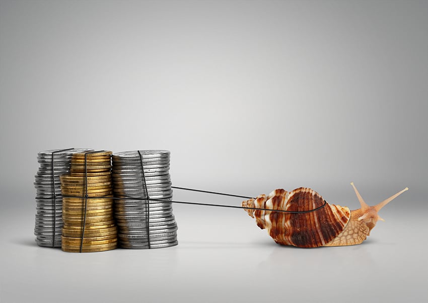 A snail pulls a pile of coins