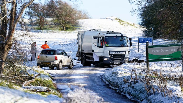 Vehicles after a minor collision on icy roads leading to Burton Dassett Hills Country Park. Pic: PA