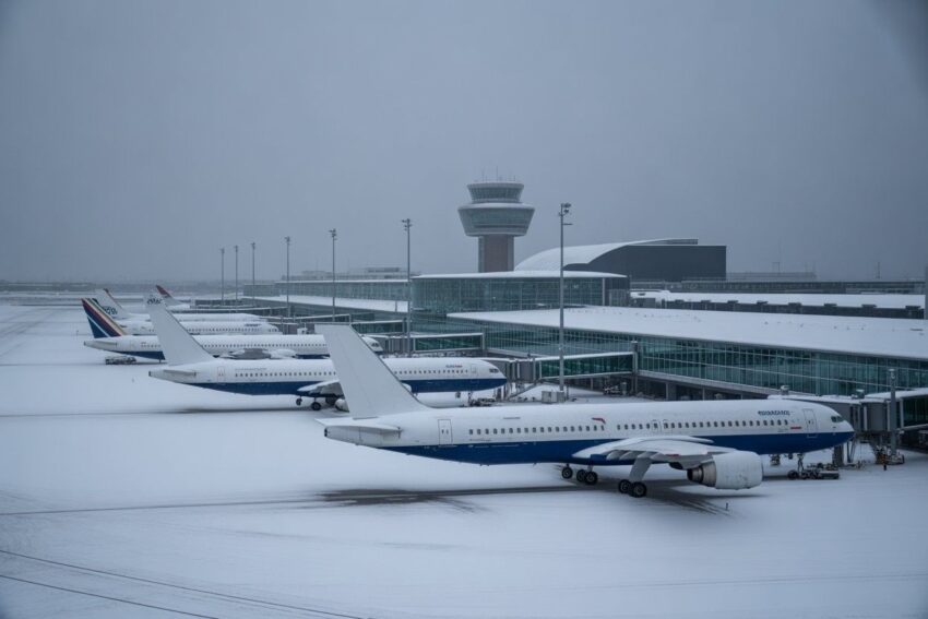 Image of an airport covered in snow