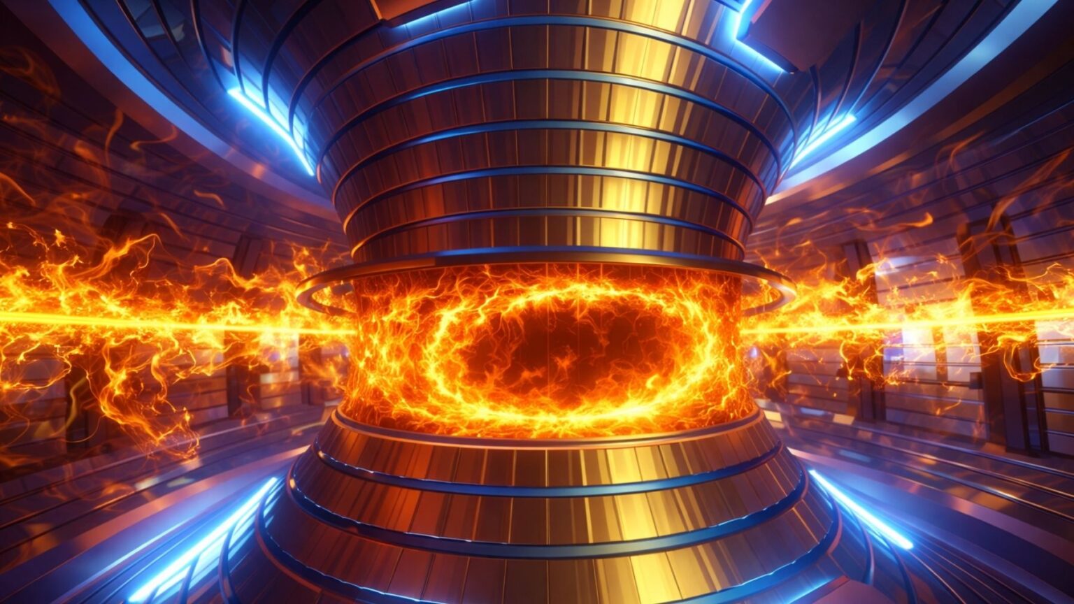 South Korea has just maintained a stable plasma inferno for six minutes, and scientists say this is a game changer Illustration of a tokamak fusion reactor chamber with a bright ring of superheated plasma confined by magnetic fields.