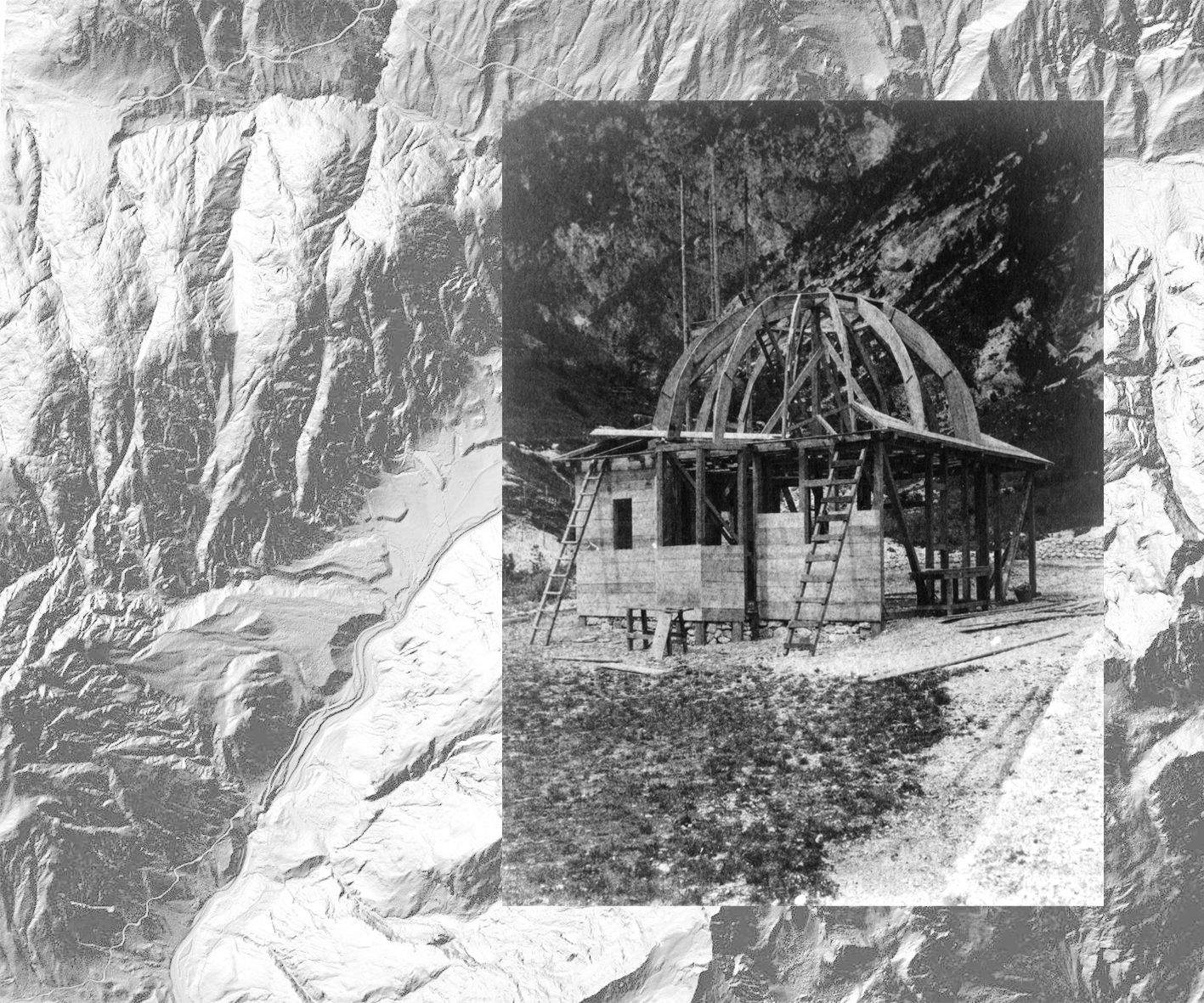 Overlay of an archival photograph documenting the construction of a mosque in Log pod Mangartom (1917) and a digital terrain model derived from airborne LiDAR (ALS) data. Archival photograph courtesy of Uroš Košir.