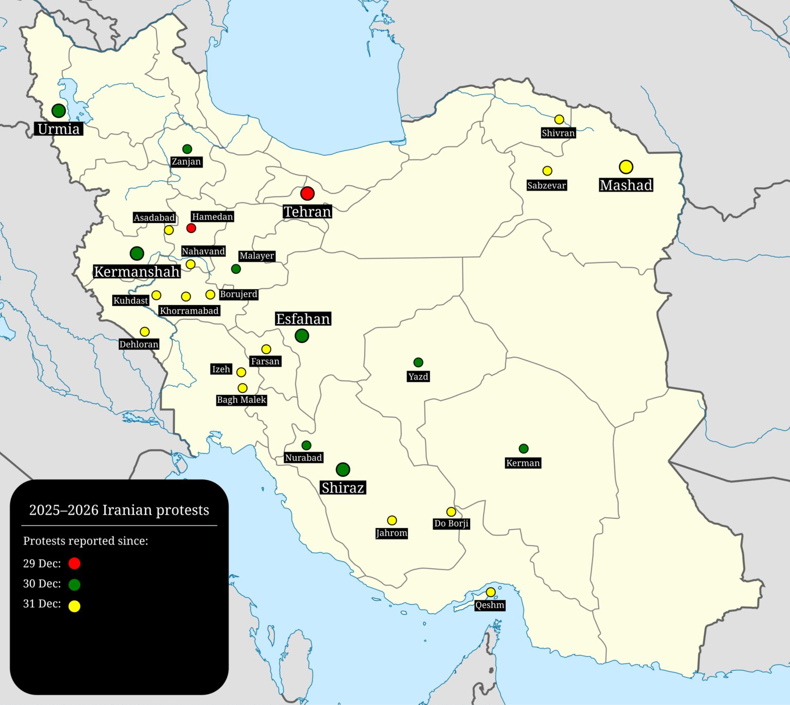 The 2025–26 Iranian protests, which began over economic grievances but have since shifted into calls for the overthrow of the Islamic Republic