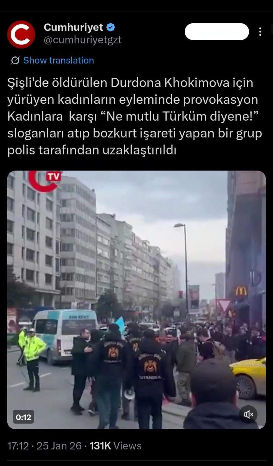 Provocation in the protest of women marching for Durdona Khokimova, who was killed in Şişli. "How happy is the one who says I am a Turk!" against women. A group chanting slogans and making gray wolf signs were removed by the police