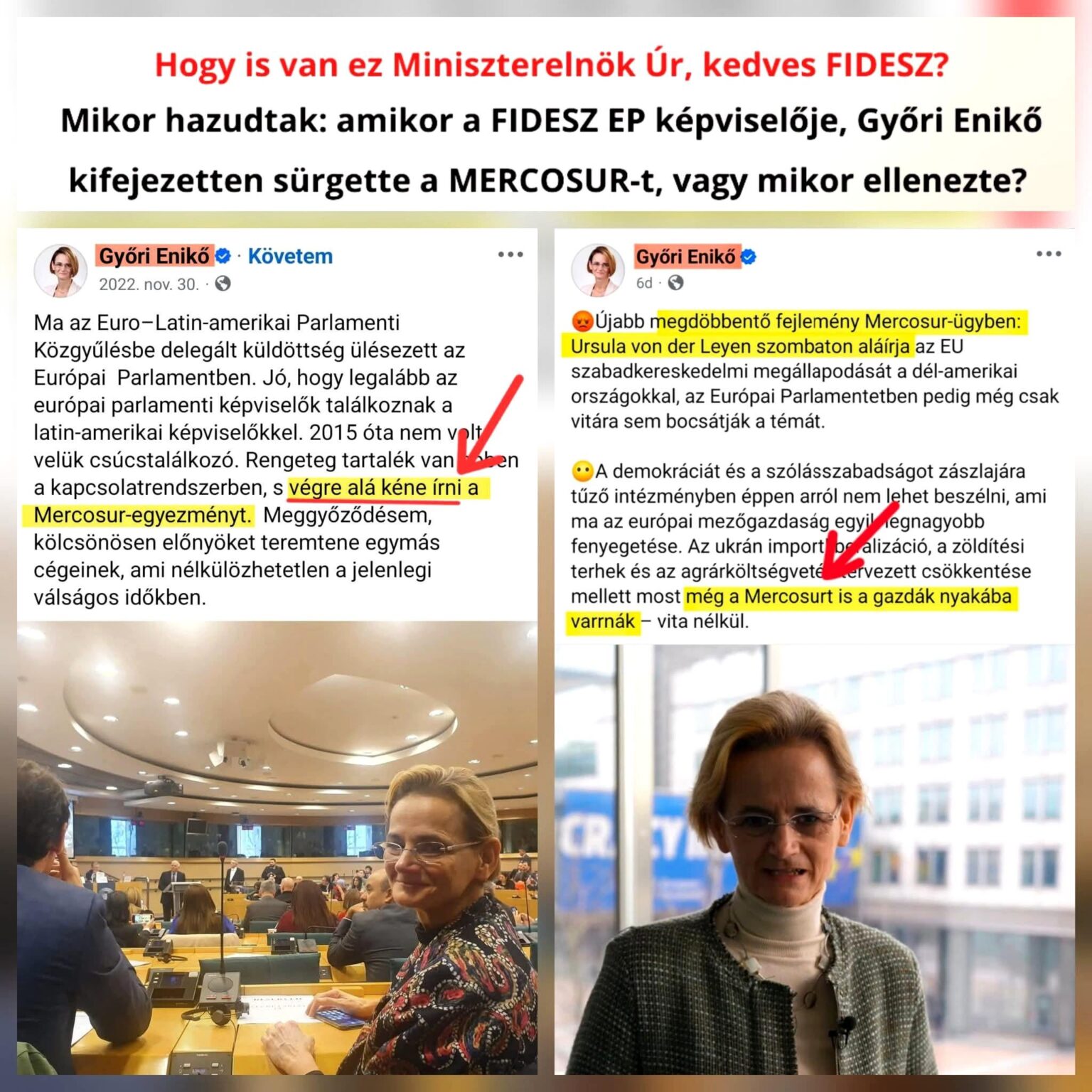 Enikő Győri, the Fidesz EP representative, recently fought for the signing of MERCOSUR, in fact she was one of the negotiators of the Mercosur agreement, now they are presenting how much they are against the agreement Enikő Győri, the Fidesz EP representative, recently fought for the signing of MERCOSUR, in fact she was one of the negotiators of the Mercosur agreement, now they are presenting how much they are against the agreement