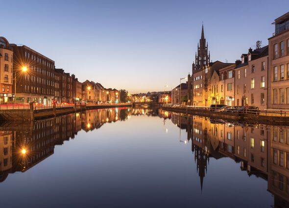 The River Lee in Cork City, Ireland at Night.