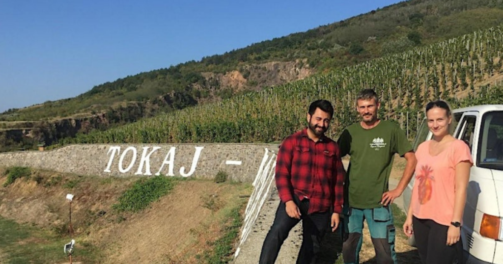 Three people stand smiling in front of a hillside vineyard in Tokaj, Hungary. Behind them, a stone wall displays large white letters spelling “TOKAJ.” The vineyard stretches up the hillside under a clear blue sky.