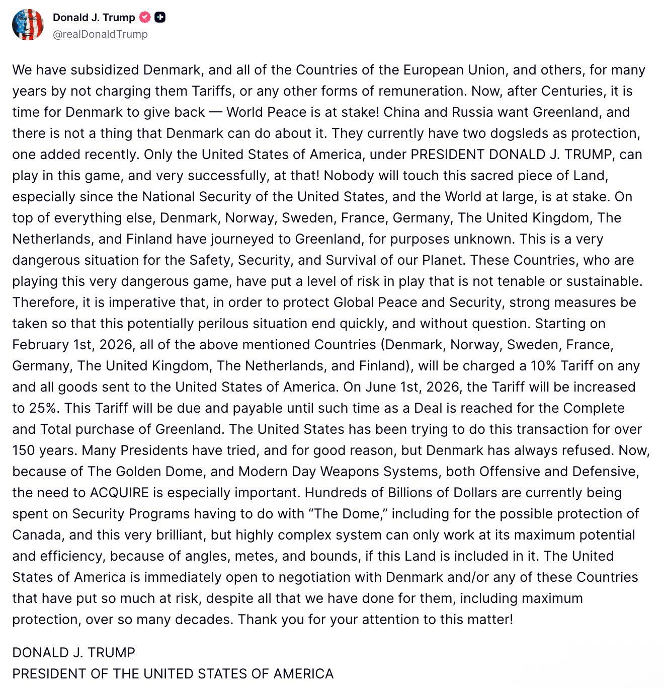 Trump made the announcement in a long winded Truth Social post