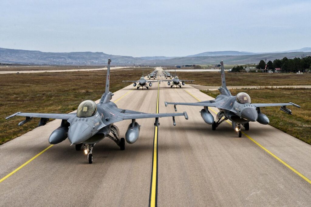 Turkish Air Force F-16s are on the runway at an undisclosed location and time. (Photo via X/@tcsavunma)