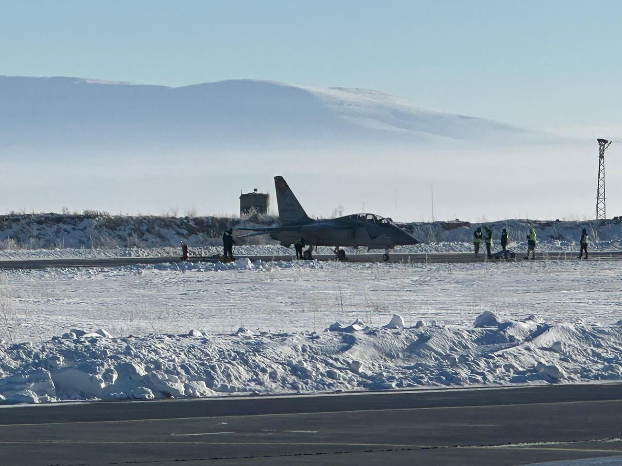TAI's domestically-developed jet trainer aircraft, the Hurjet, during extreme cold weather testing in Erzurum, Türkiye, Jan. 24, 2026. (AA Photo)