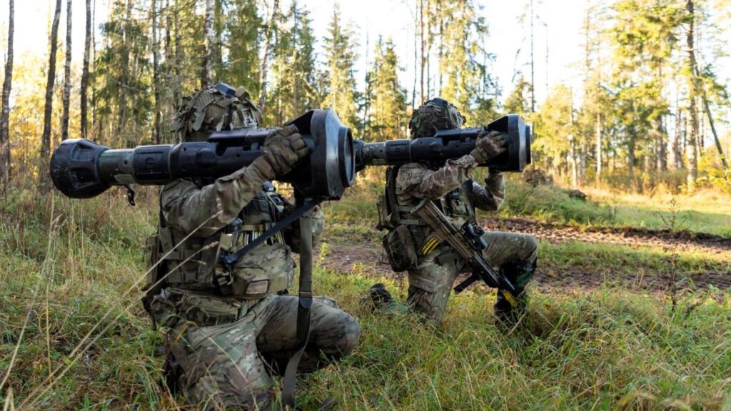 British soldiers with an NLAW anti-tank guided-missile launcher during exercises in Estonia.