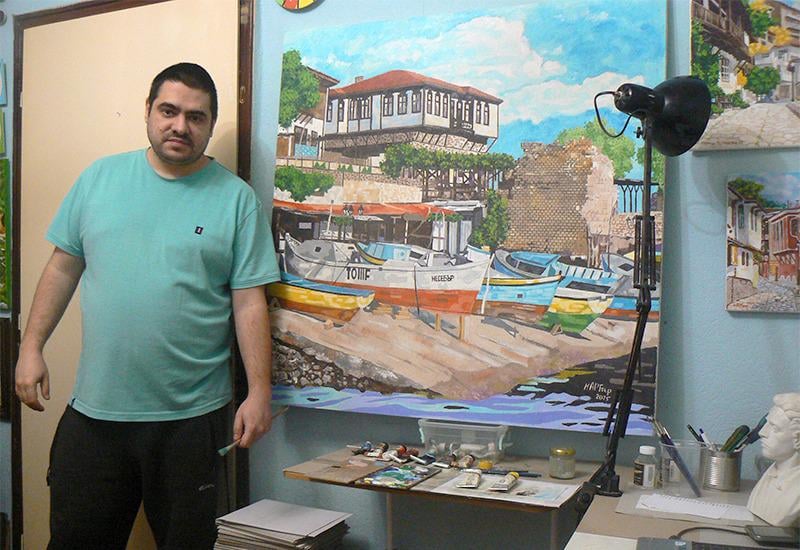 Landscape with boats from Nessebar. 100 by 100 cm. I painted it with oil paints.