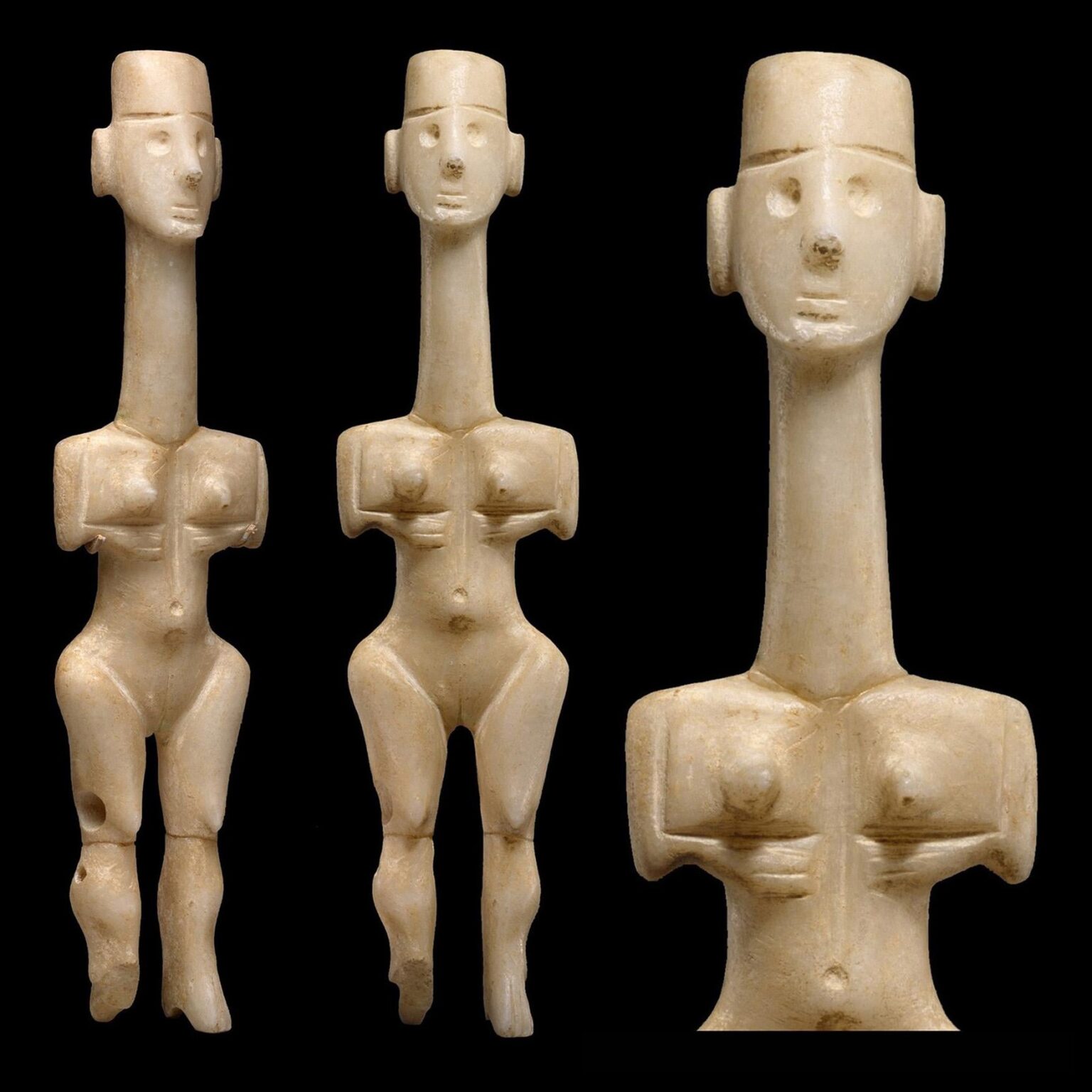 Marble Cycladic female figurine, Plastiras type. attributed to the Metropolitan Museum Sculptor (by Pat Getz-Gentle). Proto-Cycladic I period, c. 3200 – 2800 BC. Height: 21.6 cm. The Metropolitan Museum of Art, New York, USA. (1750x1750)