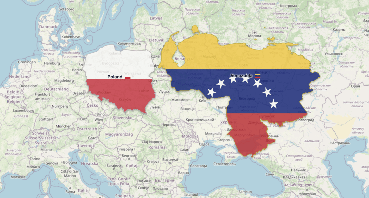 Interesting fact: The actual size of Venezuela compared to Poland (if it were moved to Europe)