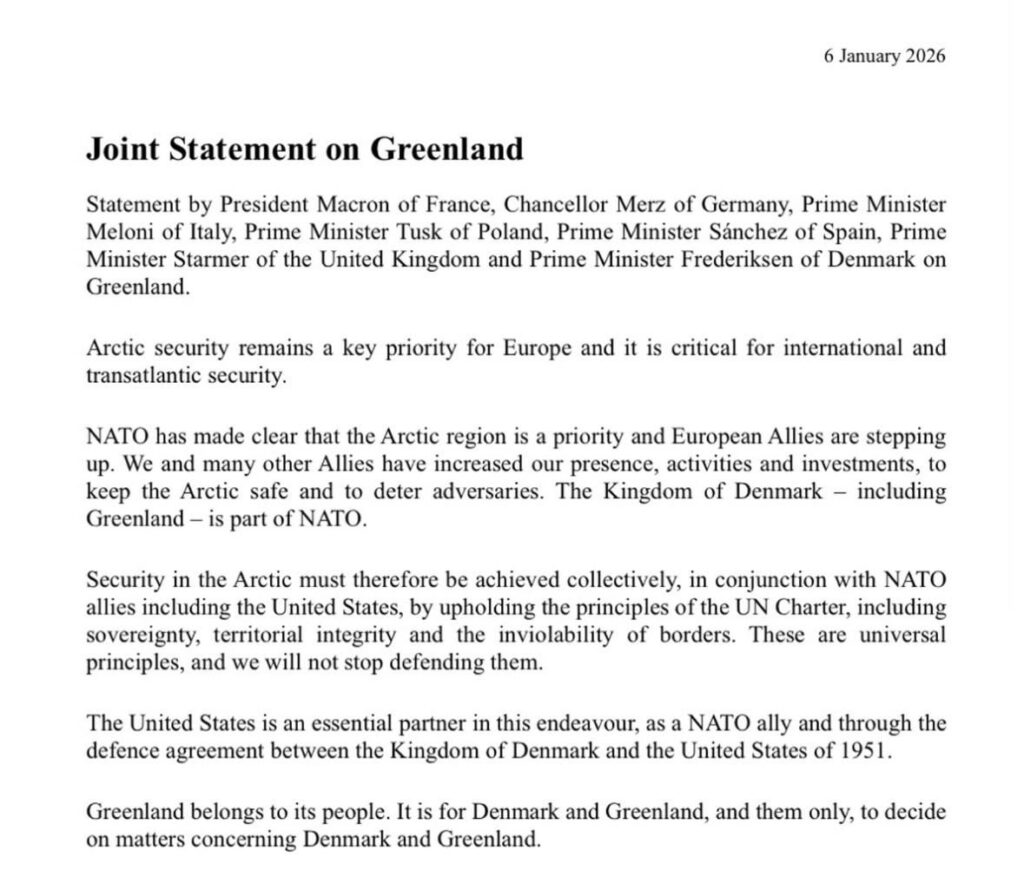 Joint statement from european leaders regarding Greenland