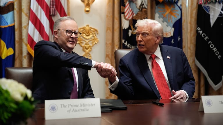 US President Donald Trump, right, and Anthony Albanese, Australia's prime minister, shake hands during a meeting in the Cabinet Room of the White House in Washington, DC, US, on Monday, October 20, 2025.