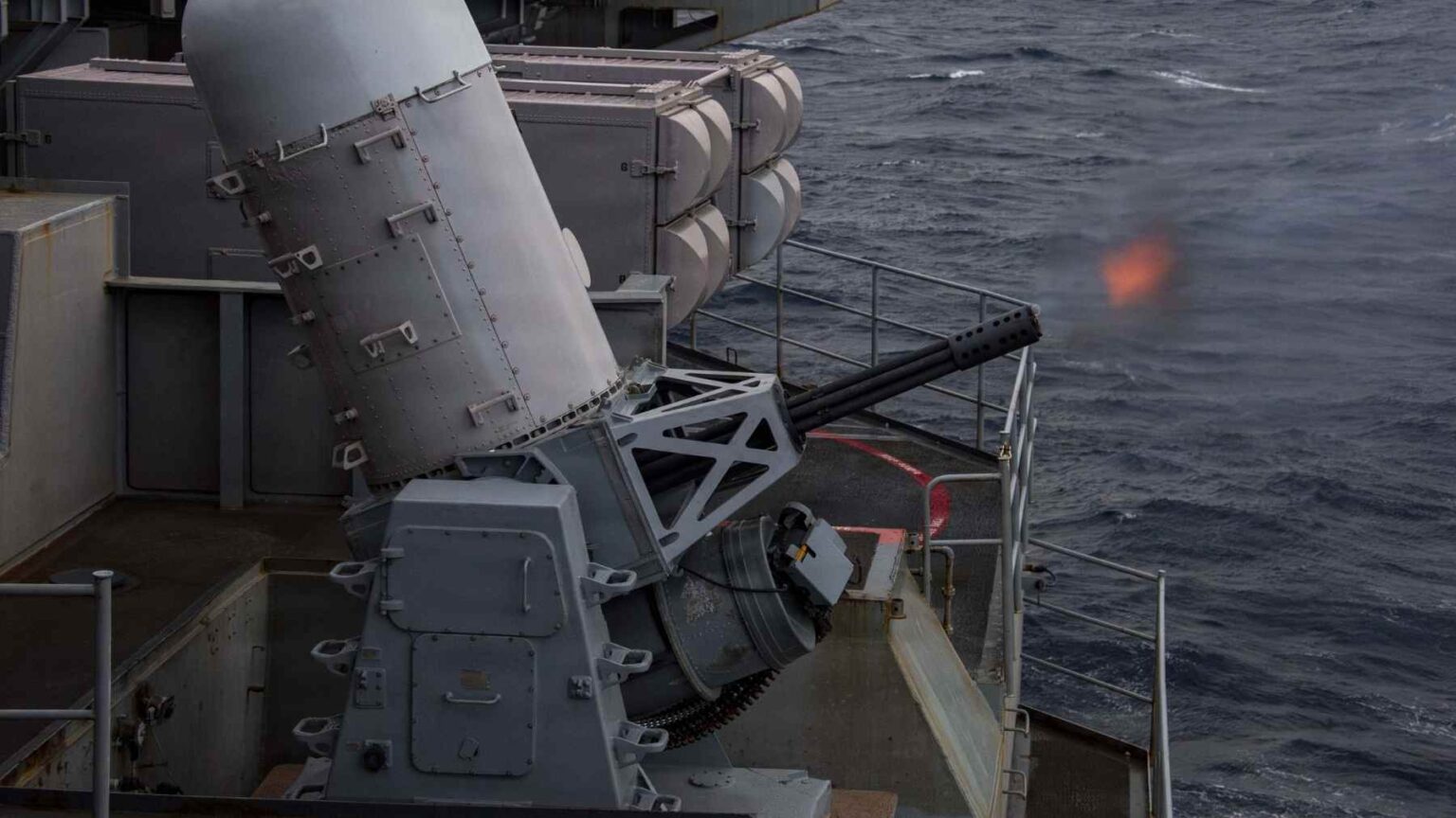 Phalanx Close-In Weapon System fires from USS Abraham Lincoln during live-fire drills in the South China Sea.