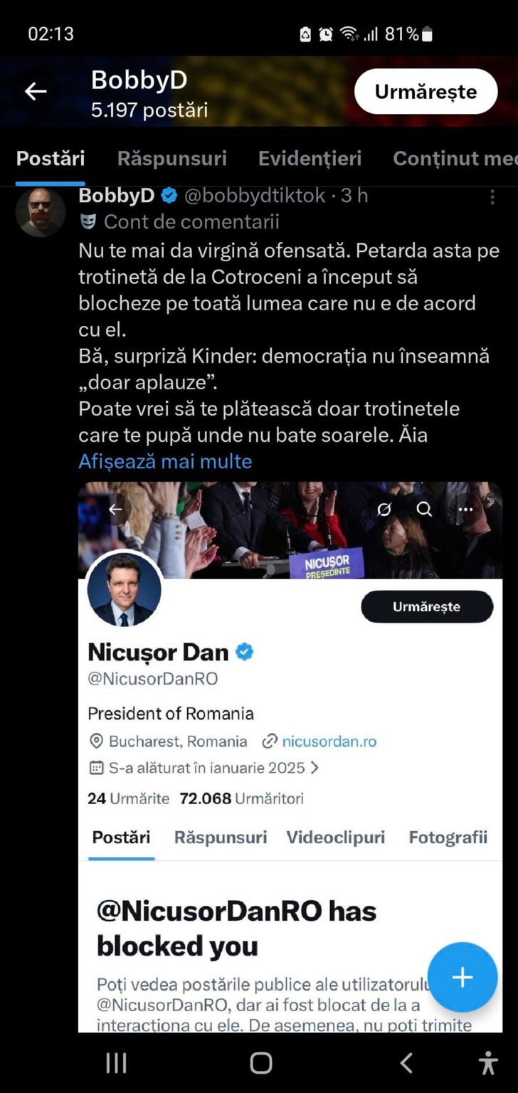 Who was blocked first by Nicusor Dan? BobbyD or Dan Tanasa