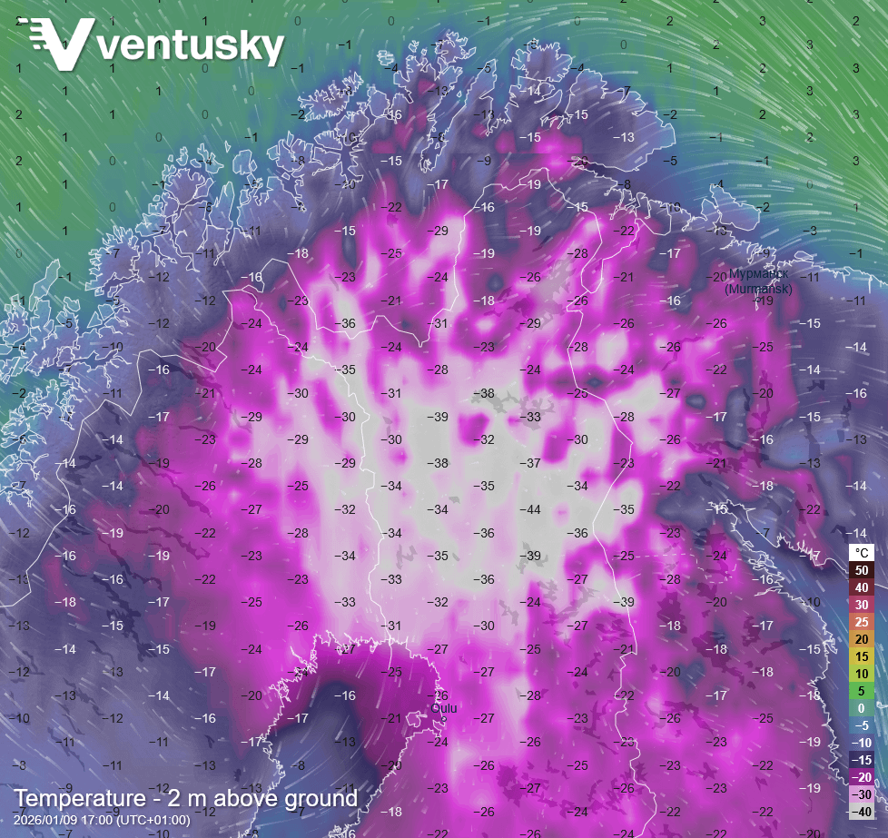 In northern Finland, temperatures are currently dropping below −40 °C.