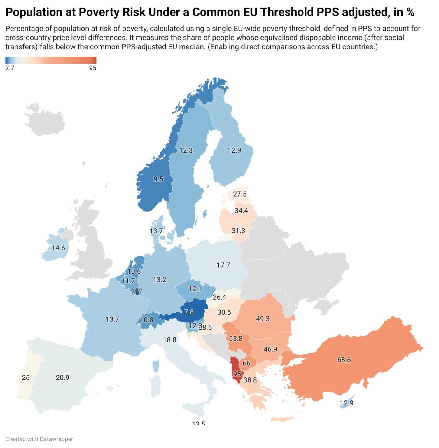 Slovenia is playing in the big boy league: Population at Poverty Risk under a Common EU Threshold PPS adjusted, in %