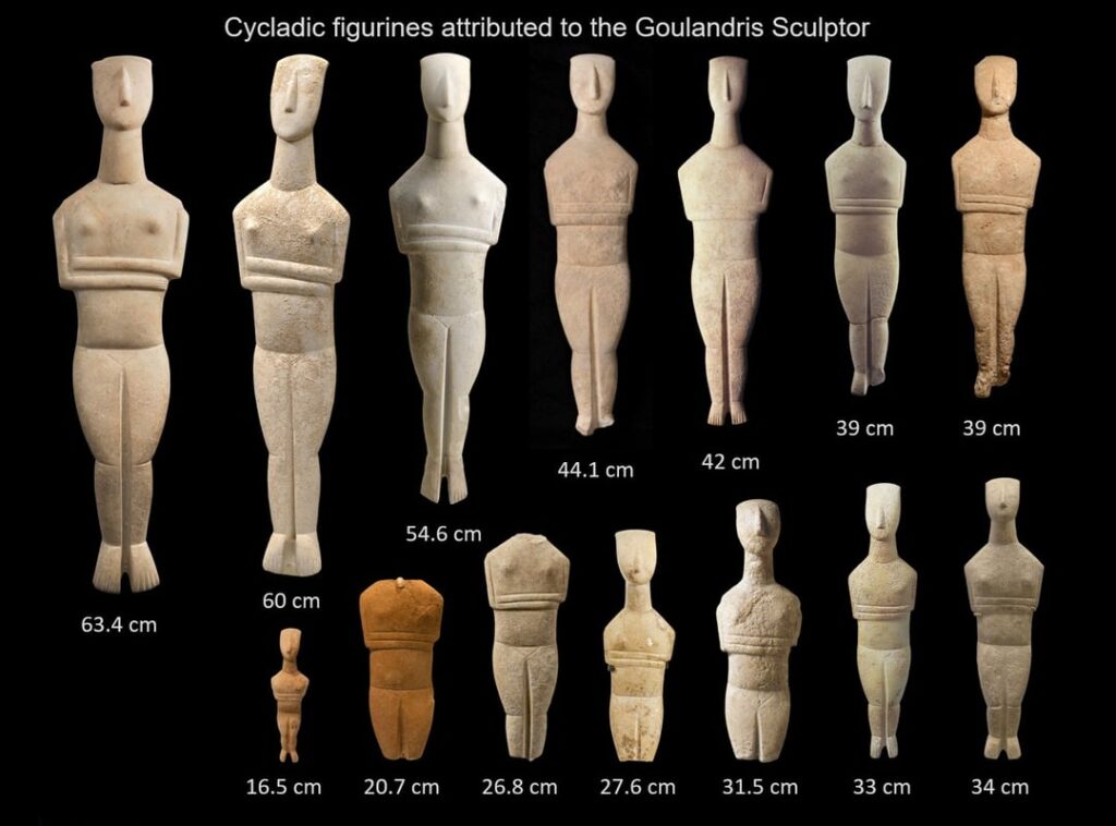 14 Cycladic marble female figurines, regular type - Late Spade variant. attributed to Sculptor Goulandris (by Pat Getz-Gentle). Proto-Cycladic II period, c. 2700 – 2300 BC. (1500x1110)