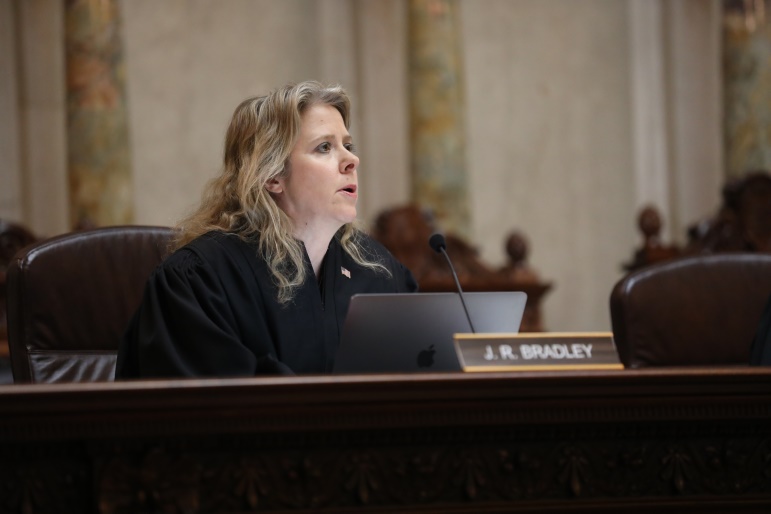 Conservative Justice Rebecca Bradley has blasted the court’s liberals for complaining that hiring procedures weren’t transparent and then moving swiftly to fire the court’s top administrator. She is seen in the Wisconsin Supreme Court Hearing Room in Madison, Wis., on Dec. 1, 2022. (Coburn Dukehart / Wisconsin Watch)