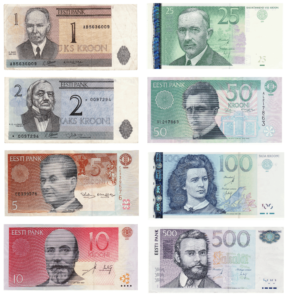 Banknotes of the Estonian kroon (1992-2010). How many of the eight can guess what's on the back? Answers under spoilers. I didn't remember the 1 kroner (but very logical) and although I knew what the 25 kroner was, I didn't know the exact name of the place.