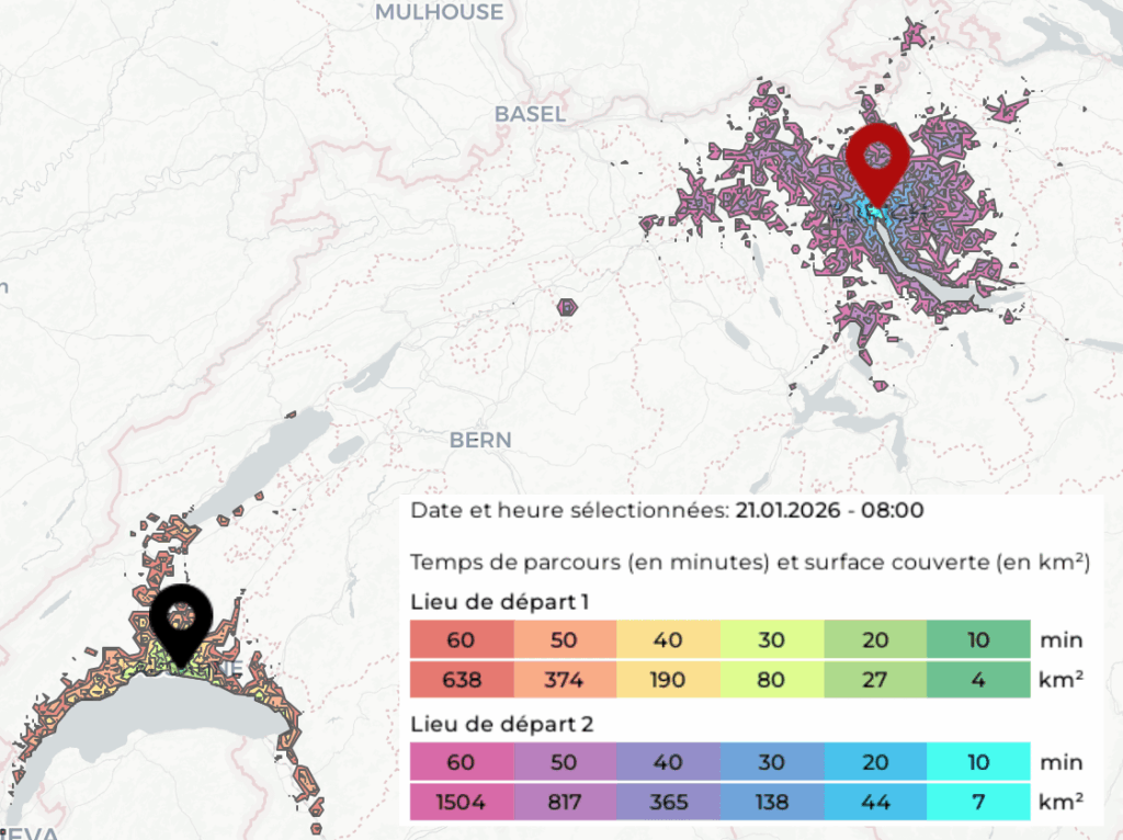 [OC] Public Transport: comparison between cities of Zürich and Lausanne, one hour journey, everywhere you can go