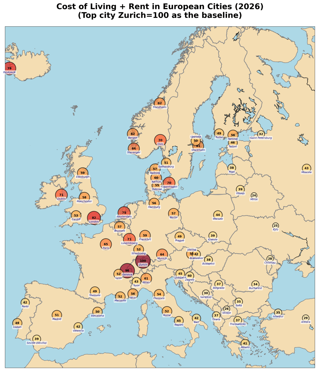 [OC] Cost of Living (rent included) in European Cities in 2026 (Normalized by top city Zurich=100 as the baseline)