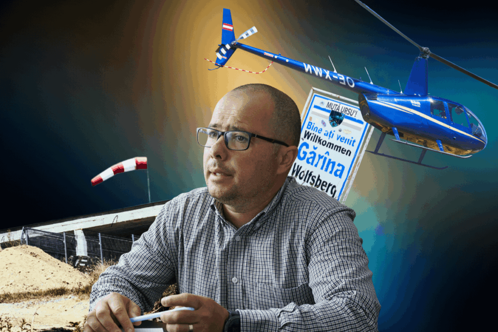 The mayor of the air. In a town without sewage and drinking water, the mayor commutes by helicopter, and the population doubles during election years