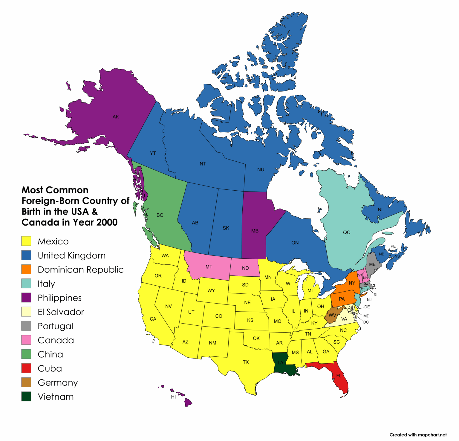 Most Common Foreign-Born Country of Birth in the USA & Canada in Year 2000 [OC]