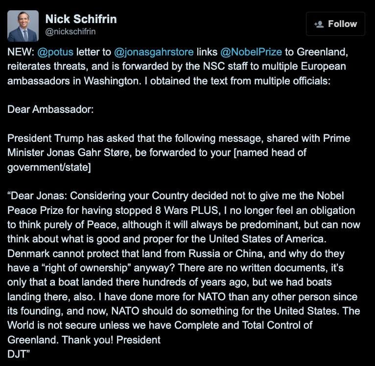 Trump letter to prime minister of Norway. Desires Greenland because of Peace Prize rejection